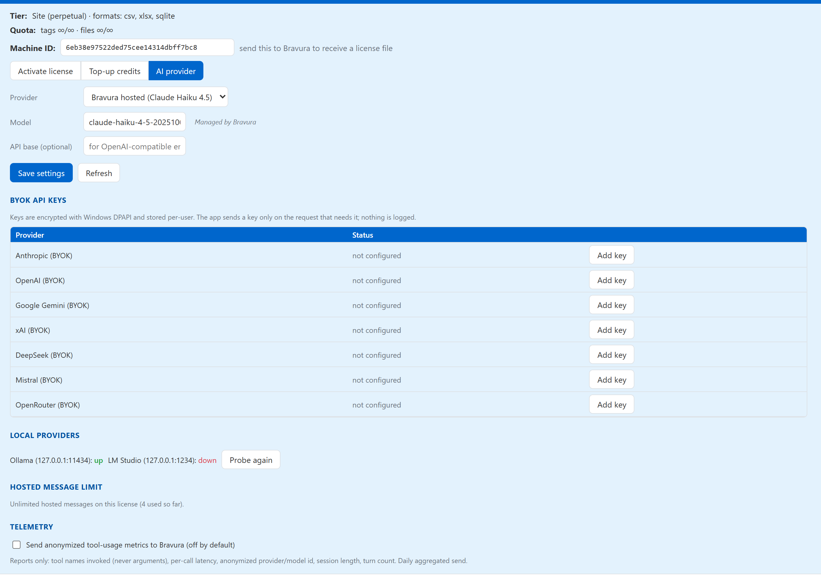 AI provider settings tab in the License panel
