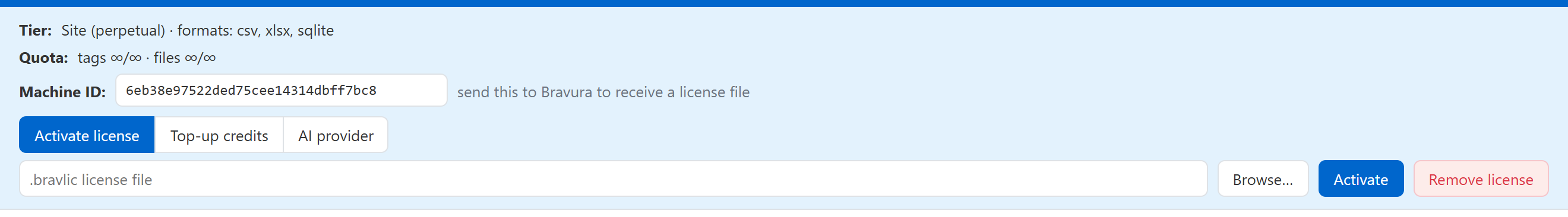 License panel with Remove button